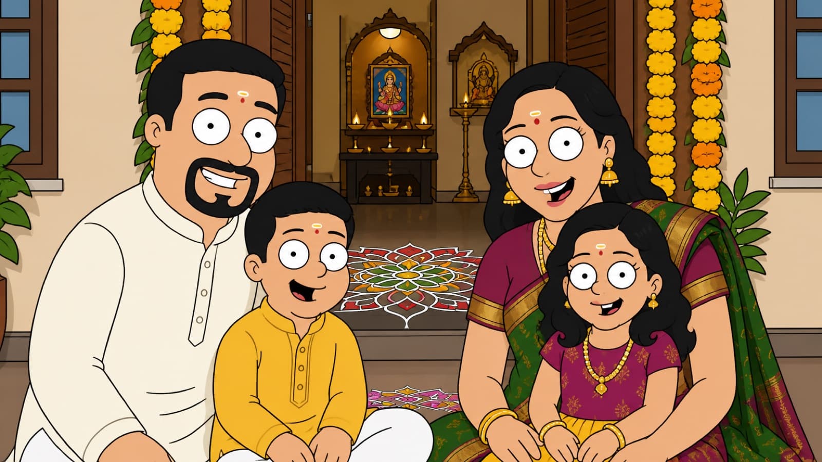 A family at home during a festival, rendered as a prime-time sitcom cartoon