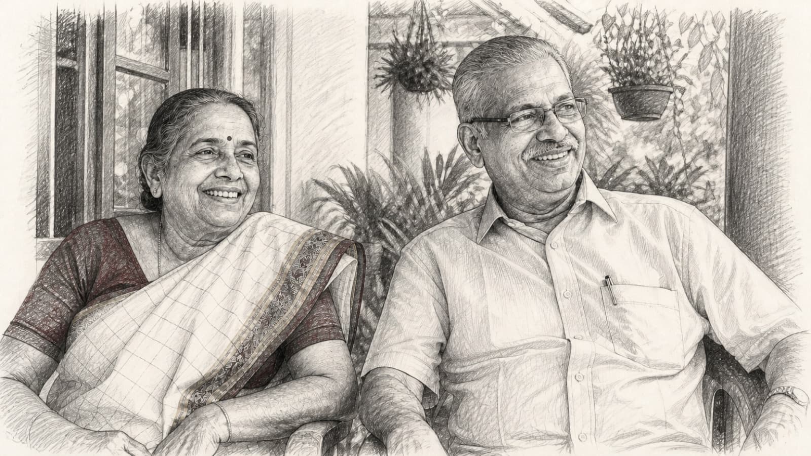 An older South Indian couple on their verandah, rendered as a graphite pencil sketch