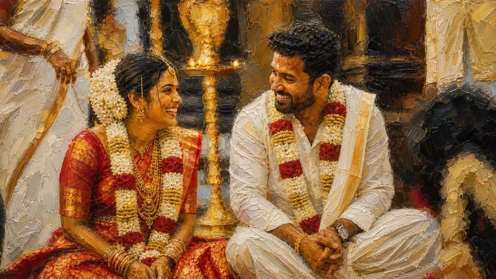 A South Indian bride and groom at their wedding, rendered as a classical oil painting
